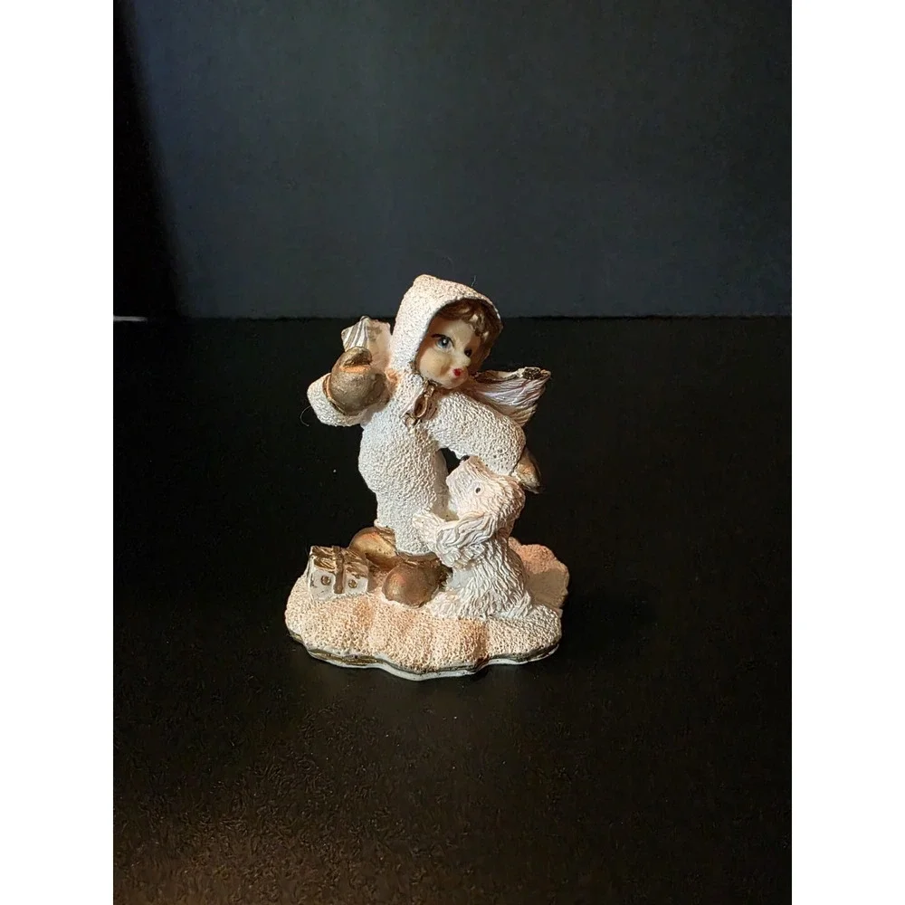 Vintage Christmas Snow Angel Vintage 1980's Figurine Girl Playing With Puppy